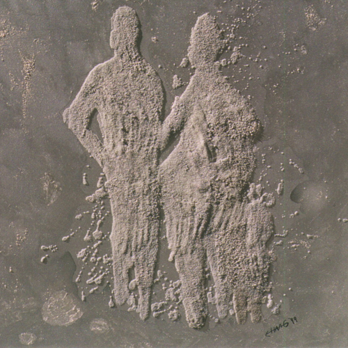 Leute vom Mond, 70x70cm, mixed media, Acryl, Sand, Alupulver/Leinwand