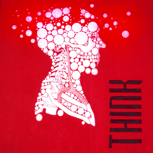 Think, 70x70cm, mixed media, Acryl, Marmormehl, Alu, Glitzer/Leinwand